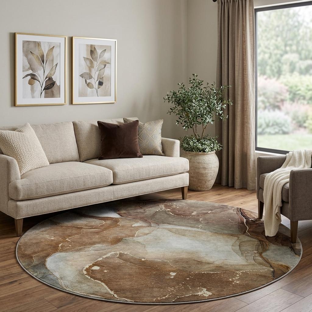 8' Brown And Chocolate Abstract Shag Washable Round Rug With UV Protection - HomeRoots - Flyclothing LLC
