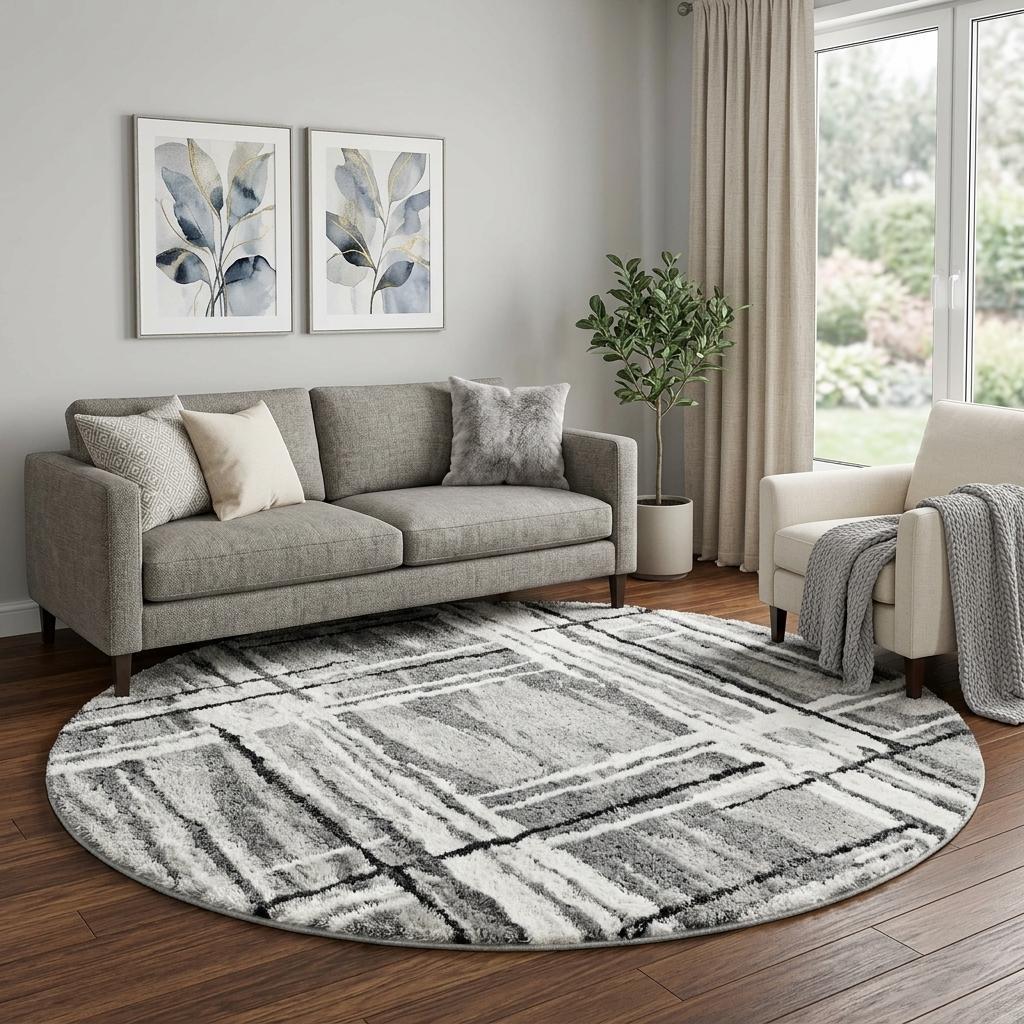 8' Silver And Gray Abstract Shag Washable Round Rug With UV Protection - HomeRoots - Flyclothing LLC