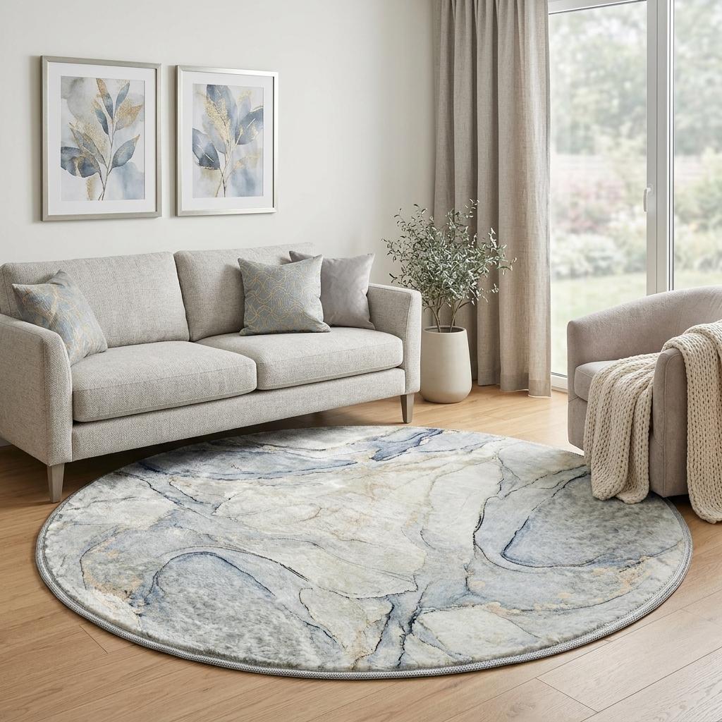 8' Sky Blue And Blue Abstract Shag Washable Round Rug With UV Protection - HomeRoots - Flyclothing LLC