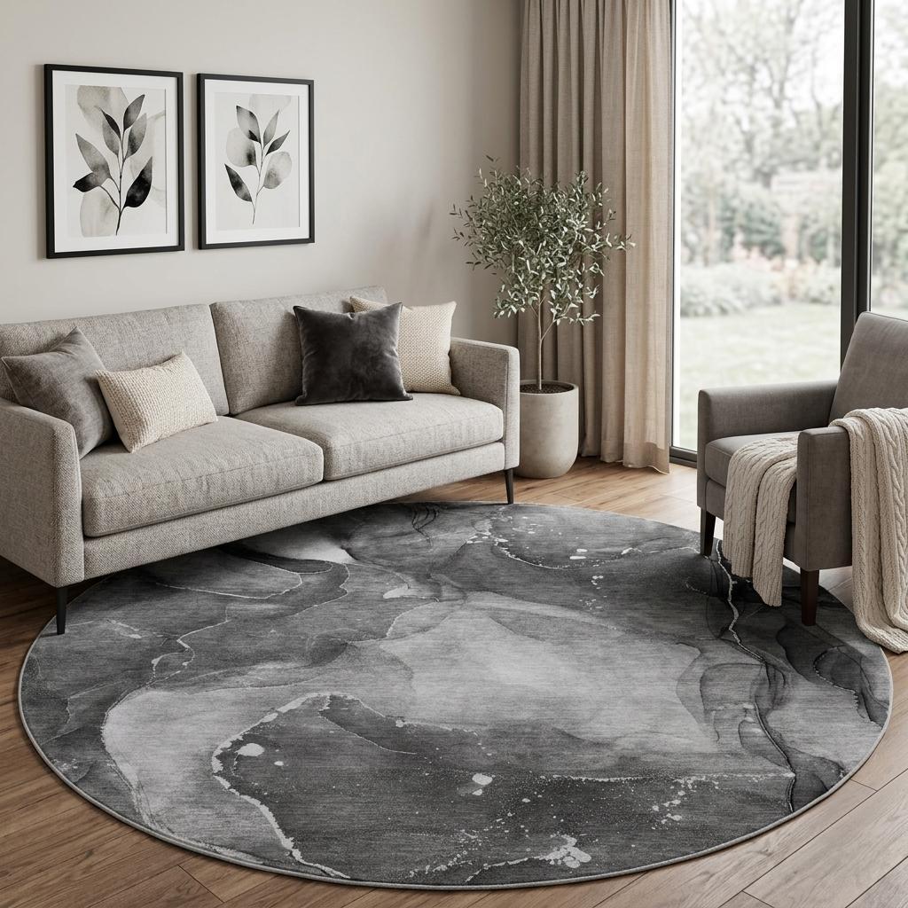 8' Gray And Charcoal Abstract Shag Washable Round Rug With UV Protection - HomeRoots - Flyclothing LLC