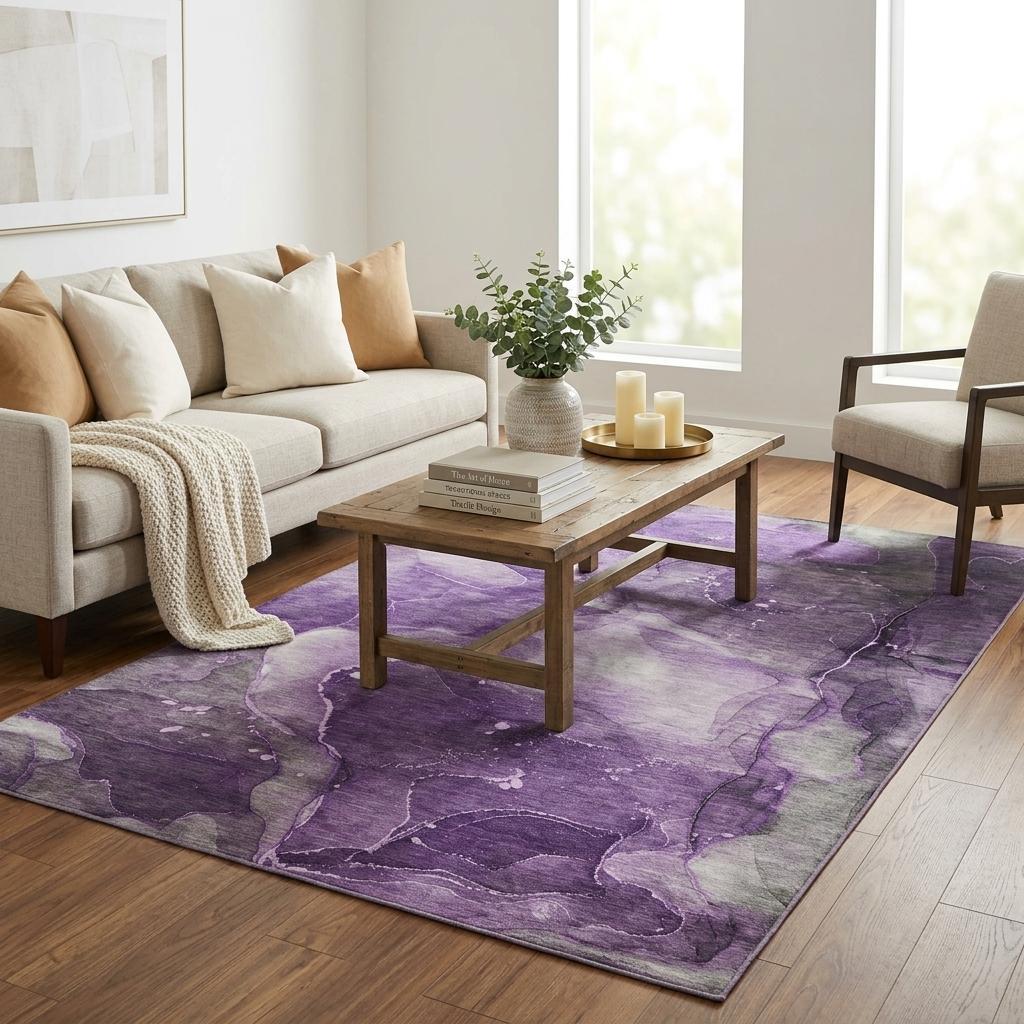 5' X 8' Purple And Gray Abstract Shag Washable Area Rug With UV Protection - HomeRoots - Flyclothing LLC