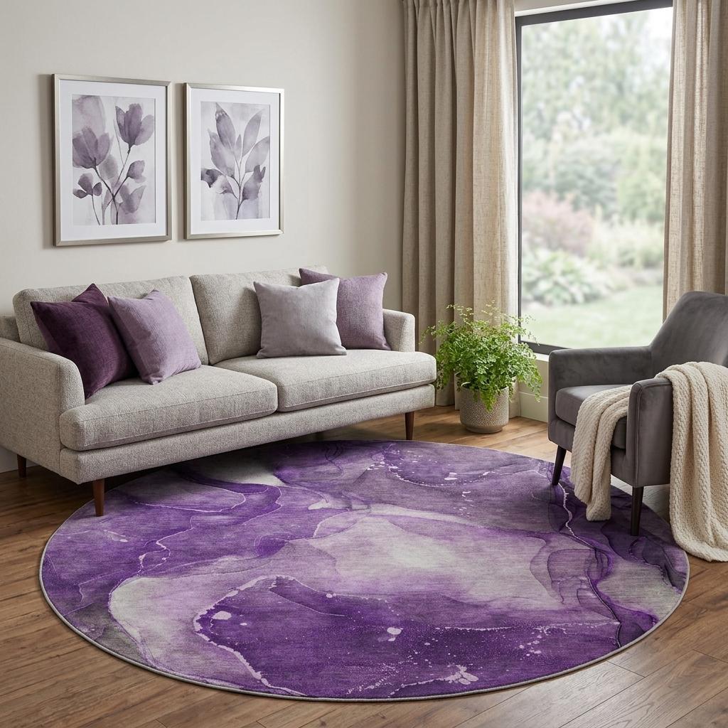 8' Purple And Gray Abstract Shag Washable Round Rug With UV Protection - HomeRoots - Flyclothing LLC