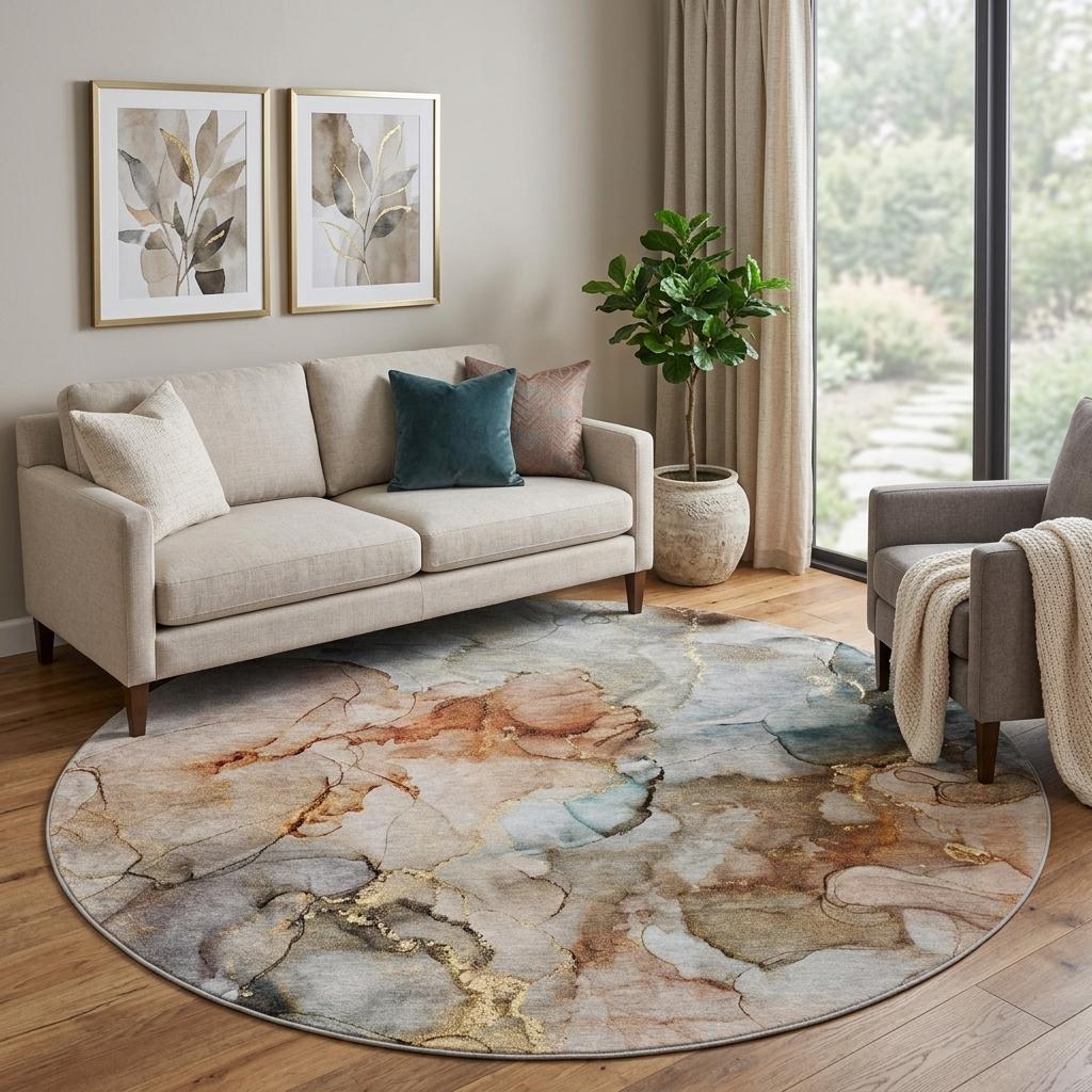 8' Beige And Gray Abstract Shag Washable Round Rug With UV Protection - HomeRoots - Flyclothing LLC