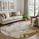 8' Beige And Brown Abstract Shag Washable Round Rug With UV Protection - HomeRoots - Flyclothing LLC