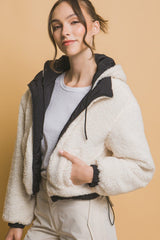 Love Tree Zip Up Cropped Hooded Sherpa Reversible Jacket - Trendsi
