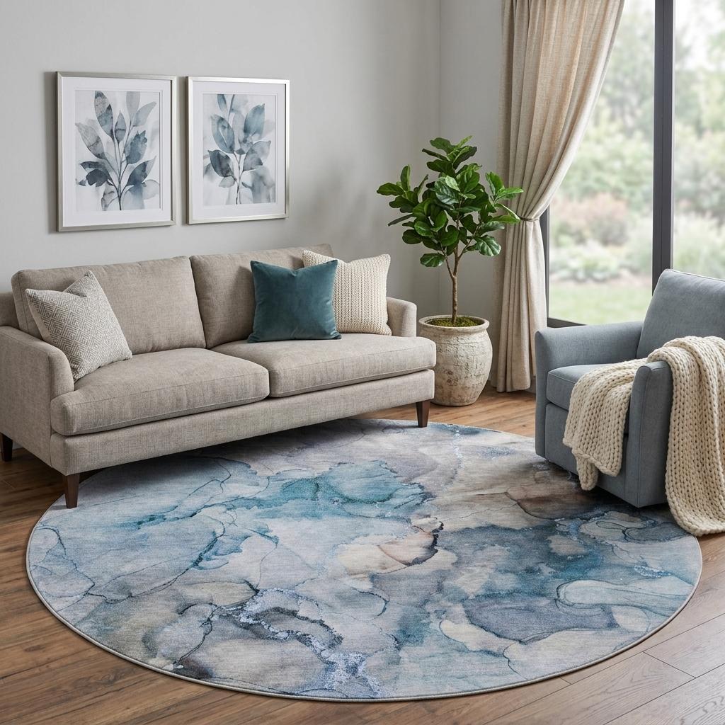 8' Blue And Denim Blue Abstract Shag Washable Round Rug With UV Protection - HomeRoots - Flyclothing LLC