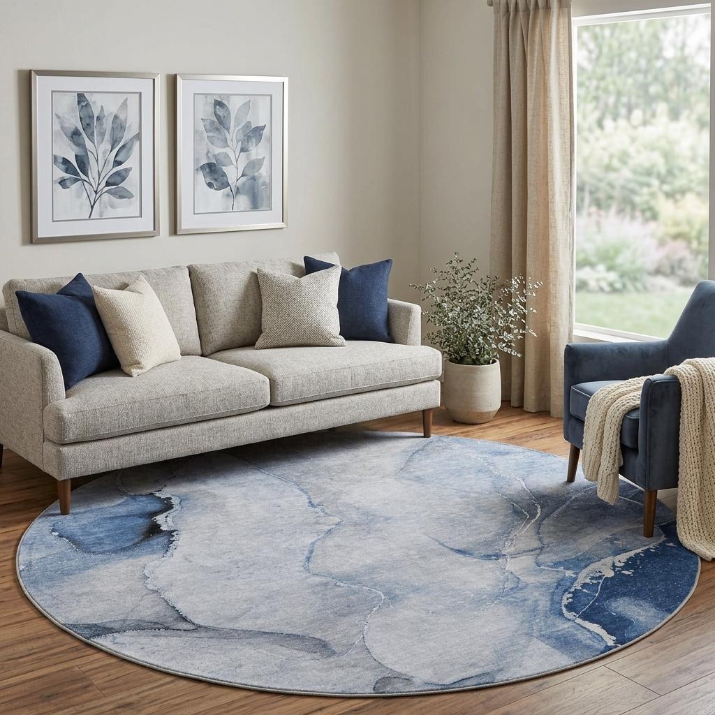 8' Blue And Denim Blue Abstract Shag Washable Round Rug With UV Protection - HomeRoots - Flyclothing LLC