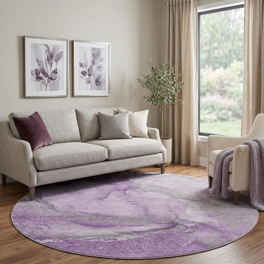 8' Lilac And Purple Abstract Shag Washable Round Rug With UV Protection - HomeRoots - Flyclothing LLC