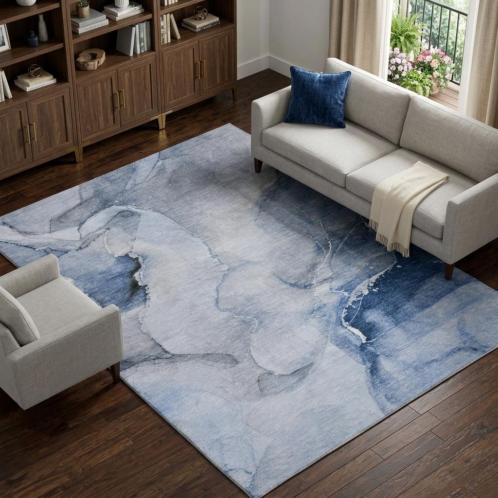 10' X 14' Blue And Denim Blue Abstract Shag Washable Area Rug With UV Protection - HomeRoots - Flyclothing LLC