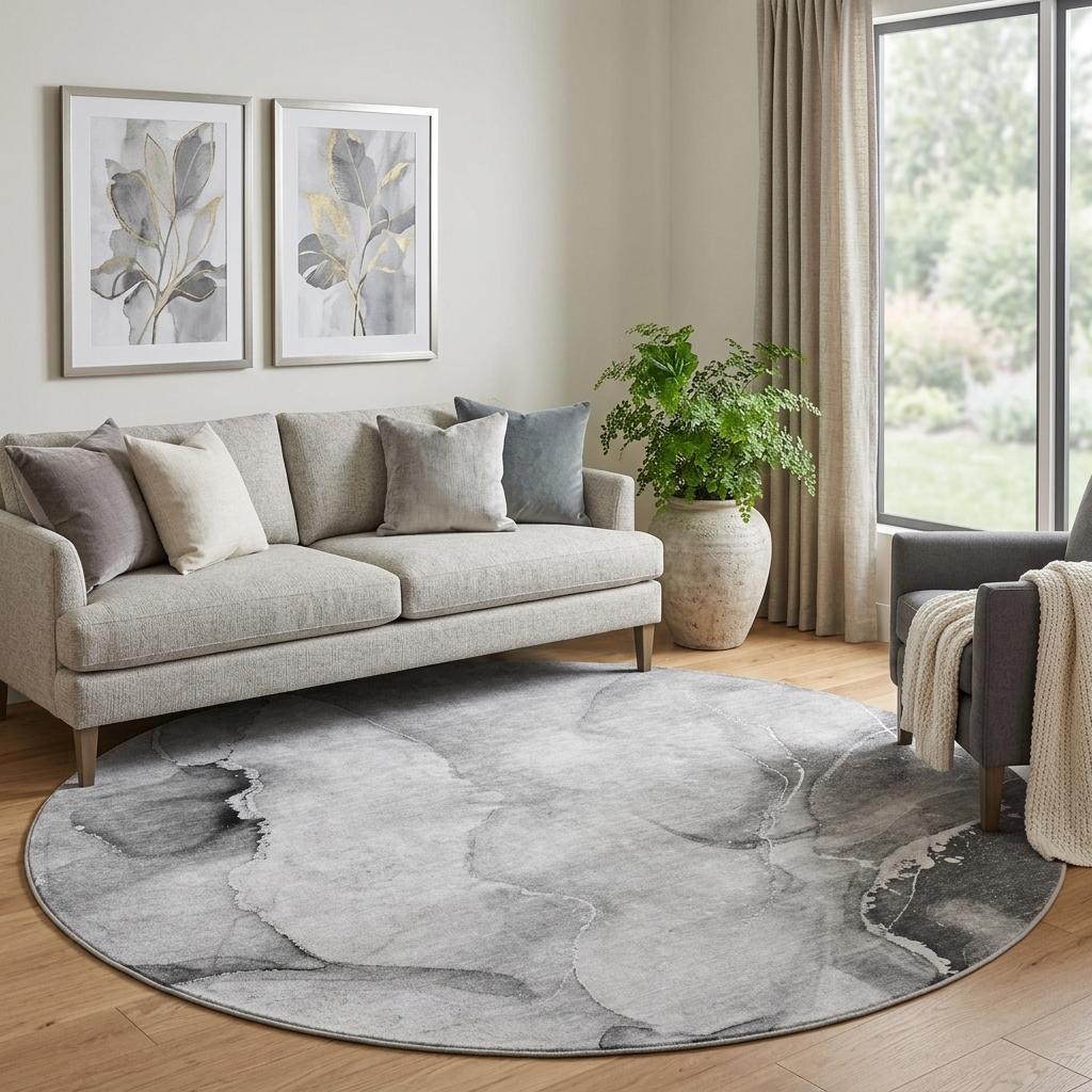 8' Gray And Silver Abstract Shag Washable Round Rug With UV Protection - HomeRoots - Flyclothing LLC