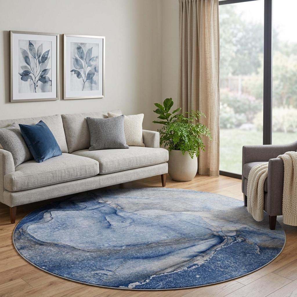 8' Navy Blue And Blue Abstract Shag Washable Round Rug With UV Protection - HomeRoots - Flyclothing LLC