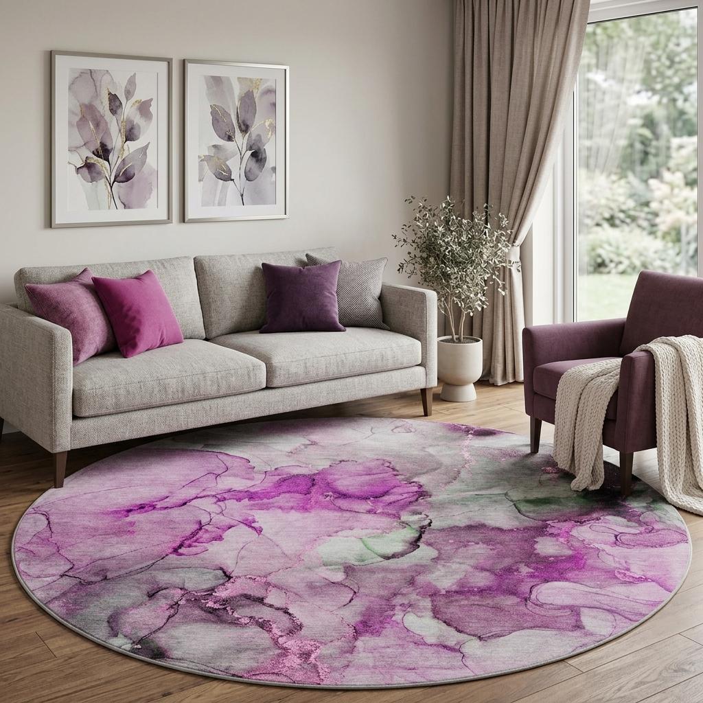 8' Pink And Blush Abstract Shag Washable Round Rug With UV Protection - HomeRoots - Flyclothing LLC