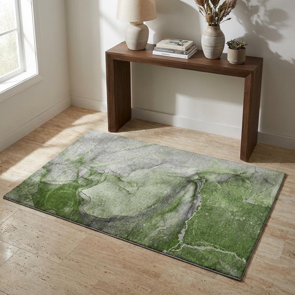 3' X 5' Olive Green And Green Abstract Shag Washable Area Rug With UV Protection - HomeRoots - Flyclothing LLC