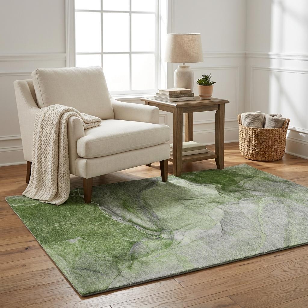 5' X 8' Olive Green And Green Abstract Shag Washable Area Rug With UV Protection - HomeRoots - Flyclothing LLC