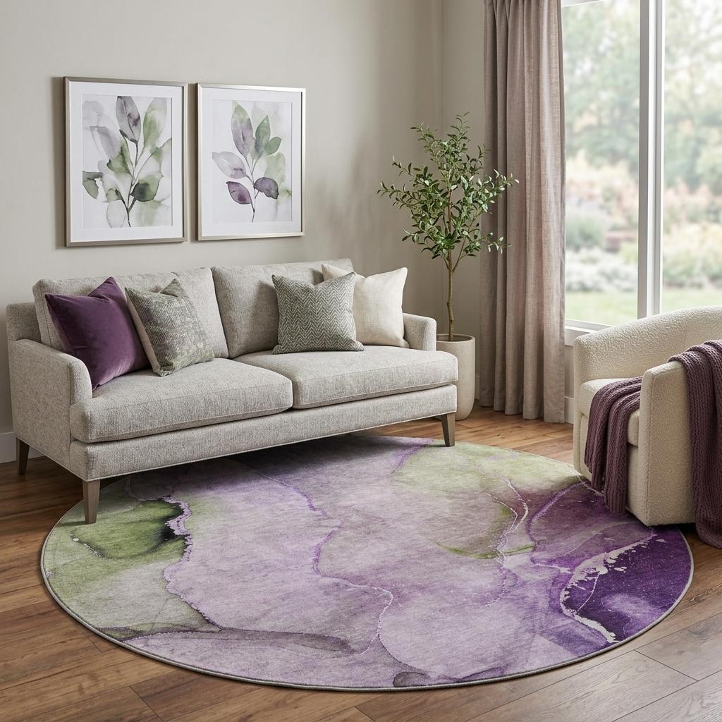 8' Purple And Lavender Abstract Shag Washable Round Rug With UV Protection - HomeRoots - Flyclothing LLC