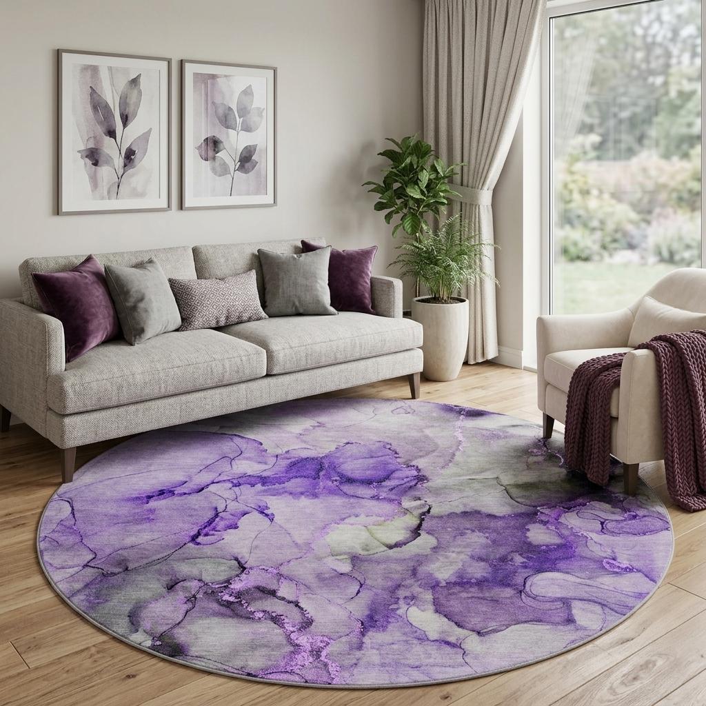 8' Purple And Lilac Abstract Shag Washable Round Rug With UV Protection - HomeRoots - Flyclothing LLC