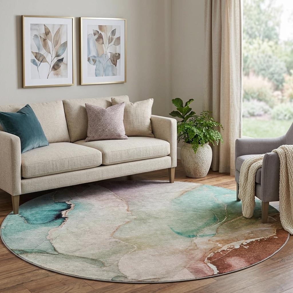 8' Teal And Brown Abstract Shag Washable Round Rug With UV Protection - HomeRoots - Flyclothing LLC