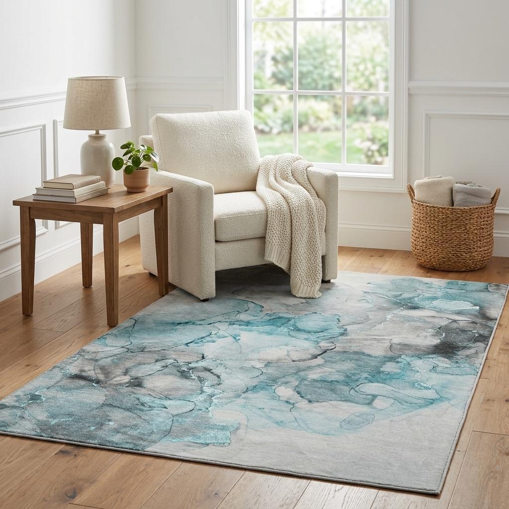 5' X 8' Teal And Gray Abstract Shag Washable Area Rug With UV Protection - HomeRoots - Flyclothing LLC