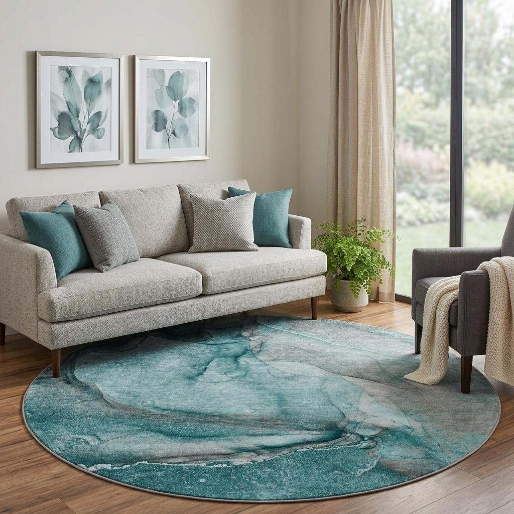 8' Teal And Gray Abstract Shag Washable Round Rug With UV Protection - HomeRoots - Flyclothing LLC