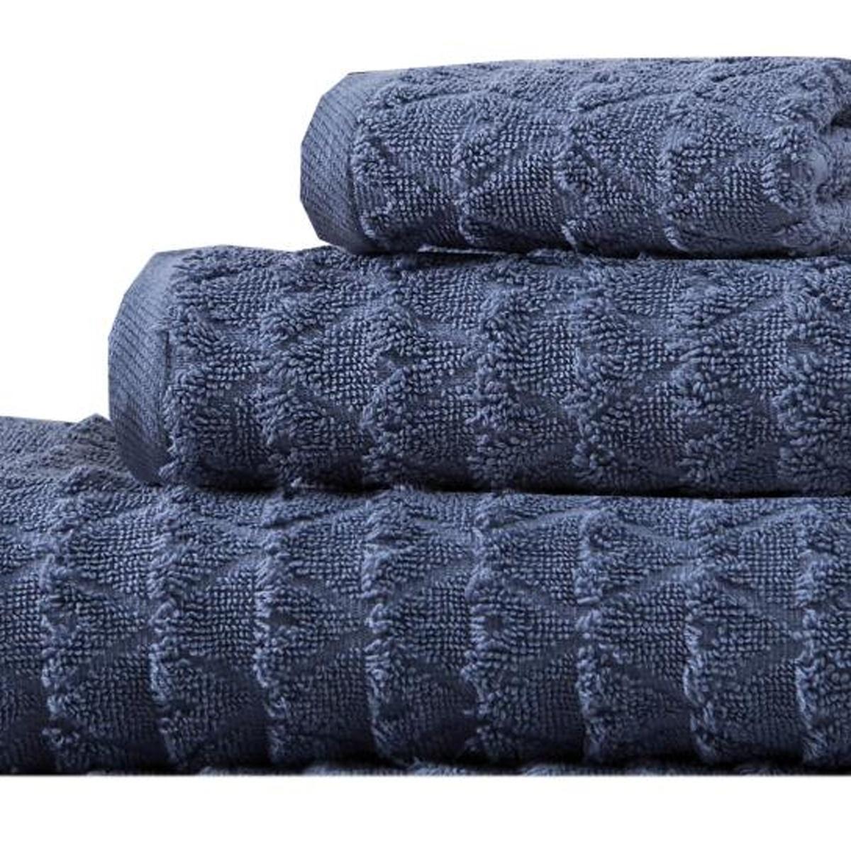 Set of Three Navy Blue Geometric Turkish Cotton Towel Set - HomeRoots - Flyclothing LLC
