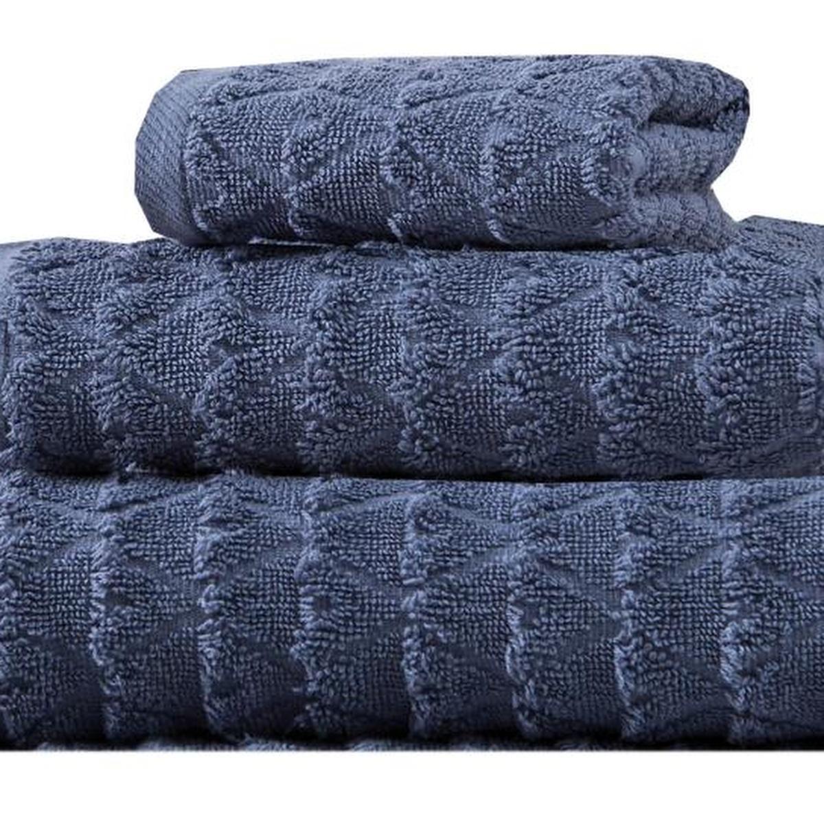 Set of Three Navy Blue Geometric Turkish Cotton Towel Set - HomeRoots - Flyclothing LLC