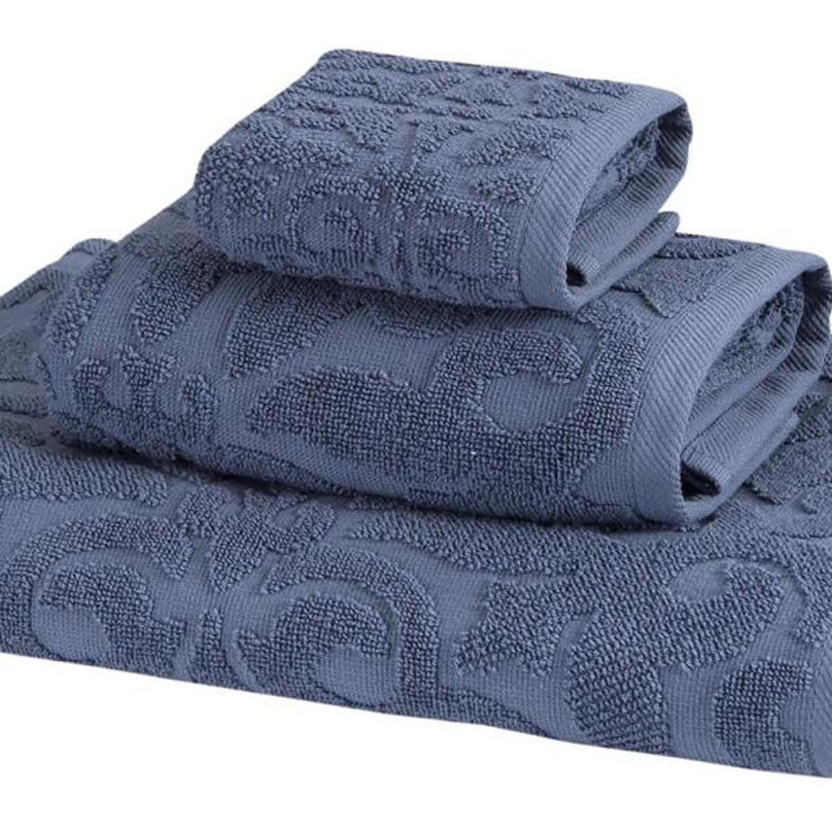Set of Three Navy Blue Floral Turkish Cotton Towel Set - HomeRoots - Flyclothing LLC