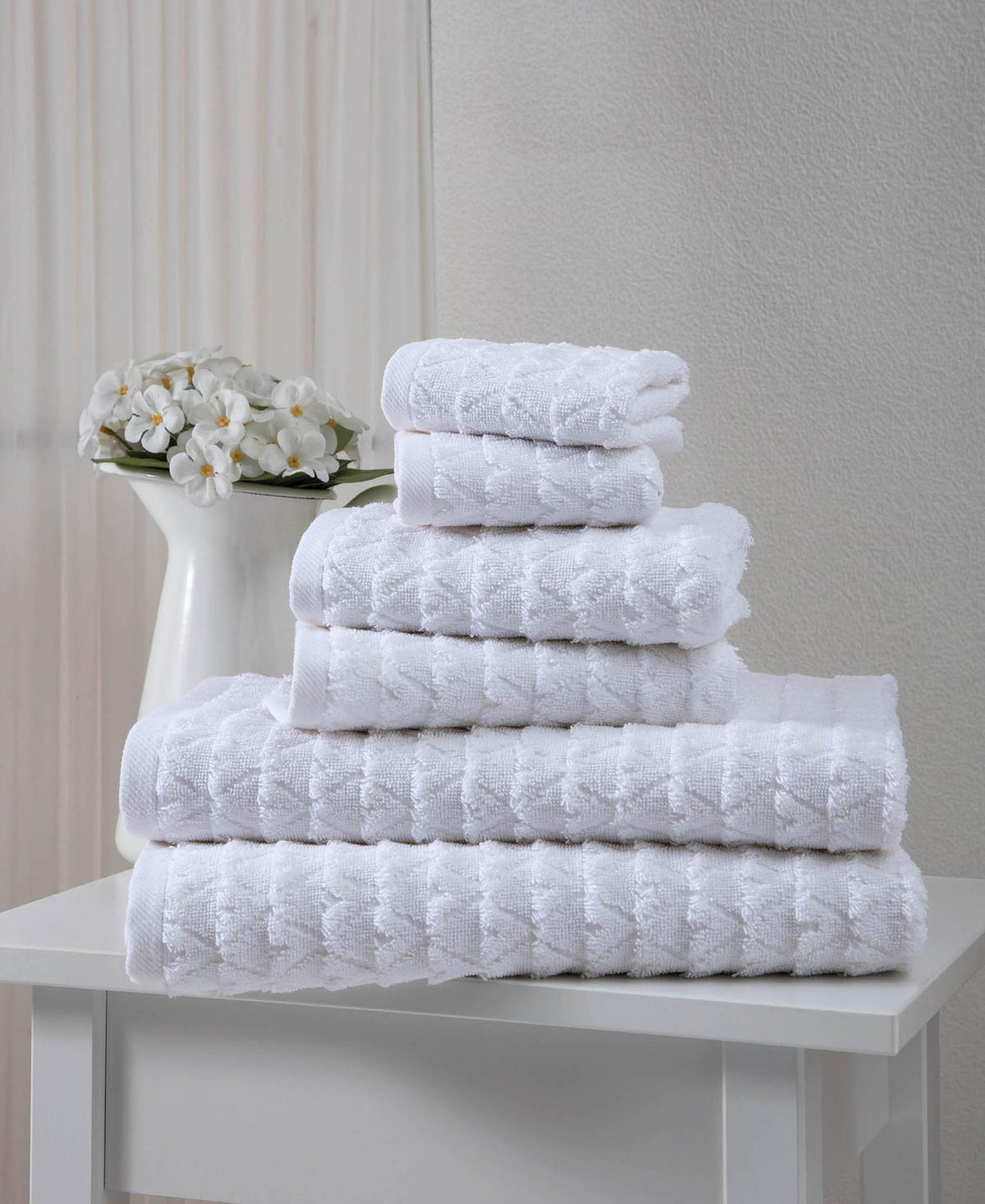 Set of Six White Geometric Turkish Cotton Towel Set - HomeRoots - Flyclothing LLC