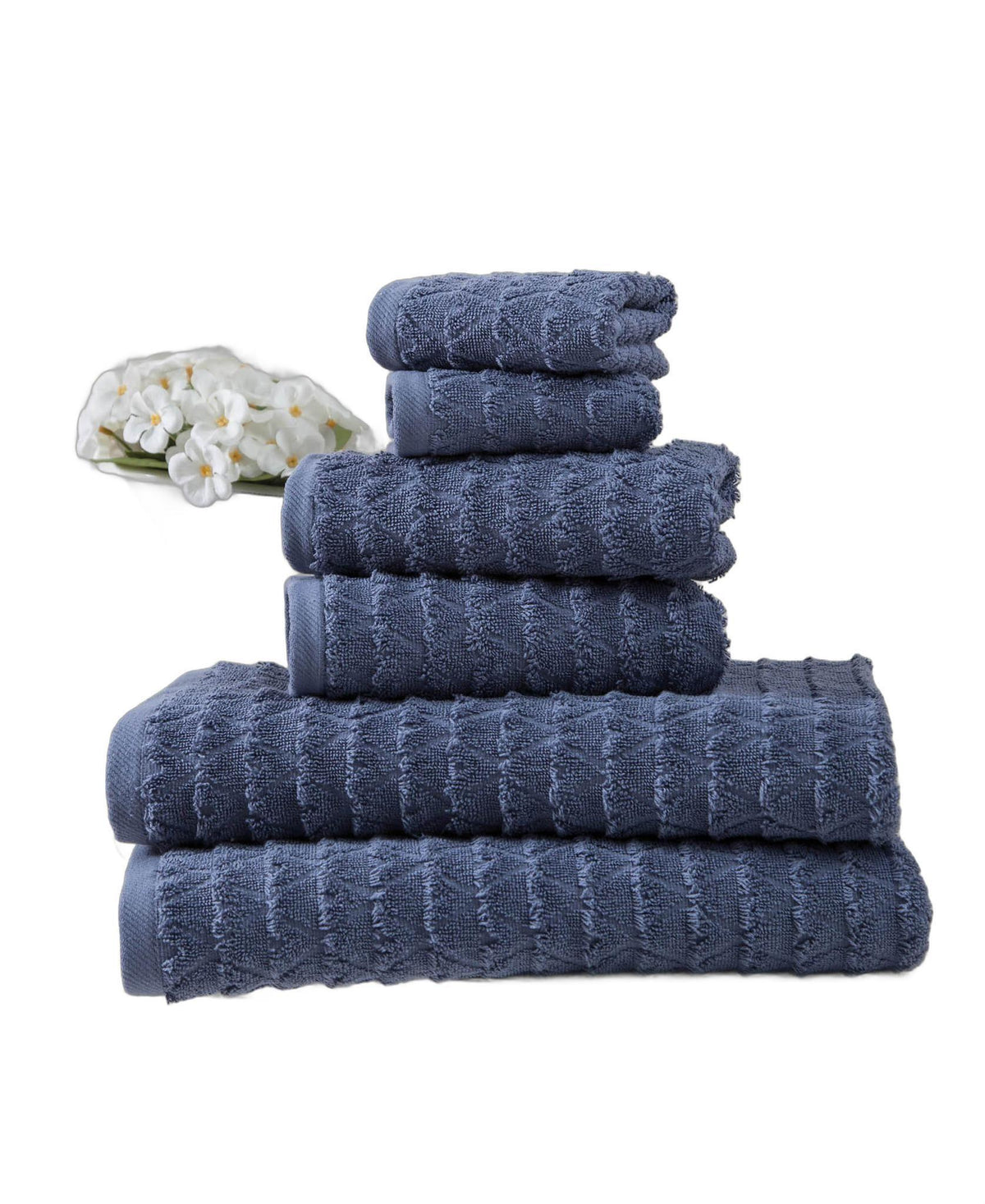 Set of Six Navy Blue Geometric Turkish Cotton Towel Set - HomeRoots - Flyclothing LLC