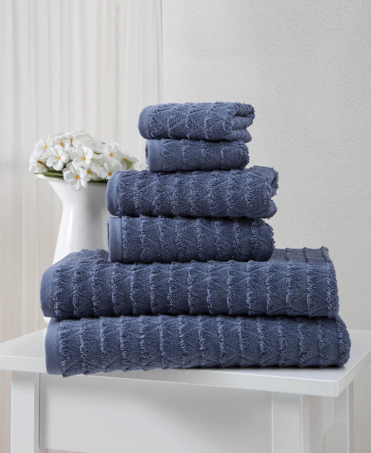 Set of Six Navy Blue Geometric Turkish Cotton Towel Set - HomeRoots - Flyclothing LLC