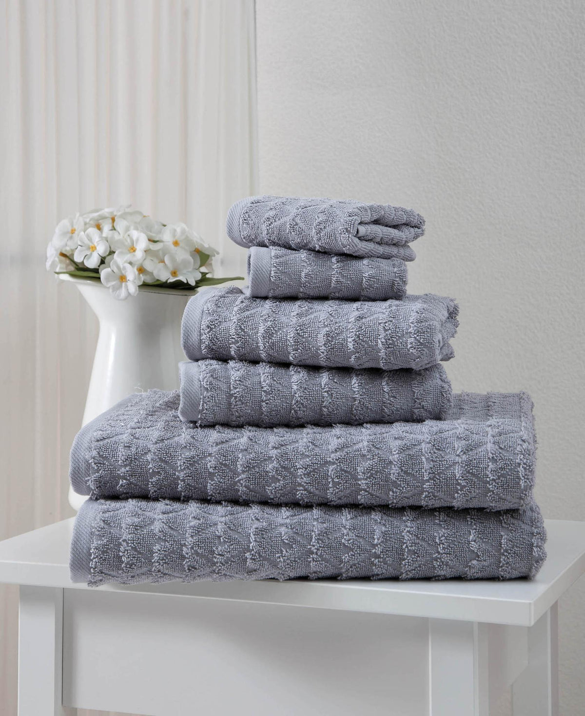 Set of Six Light Gray Geometric Turkish Cotton Towel Set - HomeRoots - Flyclothing LLC