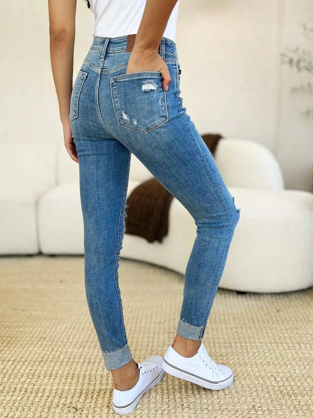 Judy Blue Full Size Mid Rise Destroy & Cuff Skinny Jeans - Trendsi - Flyclothing LLC