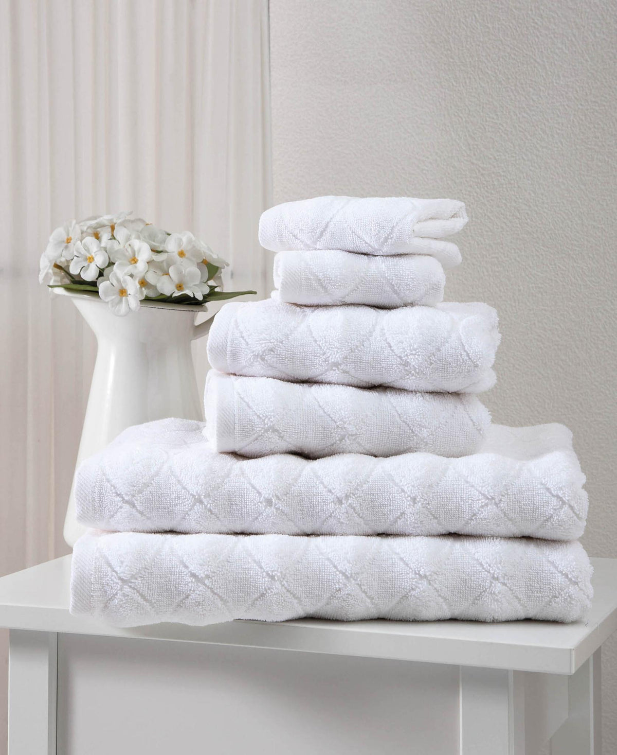 Set of Six White Geometric Turkish Cotton Towel Set - HomeRoots - Flyclothing LLC