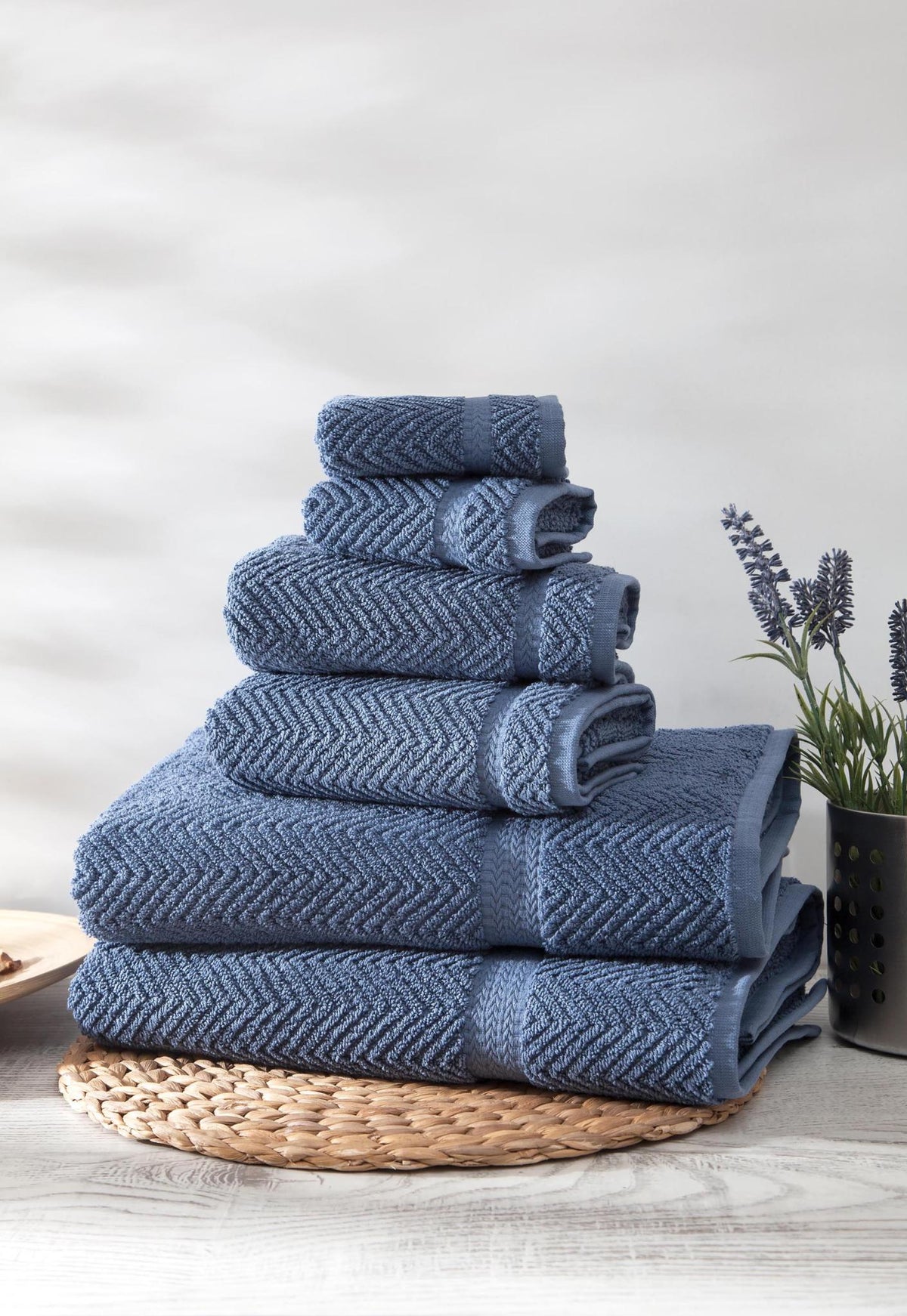 Set of Six Navy Blue Chevron Turkish Cotton Towel Set - HomeRoots - Flyclothing LLC