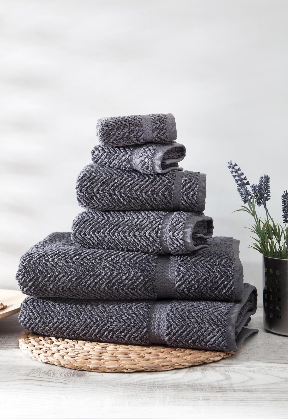Set of Six Dark Gray Chevron Turkish Cotton Towel Set - HomeRoots - Flyclothing LLC
