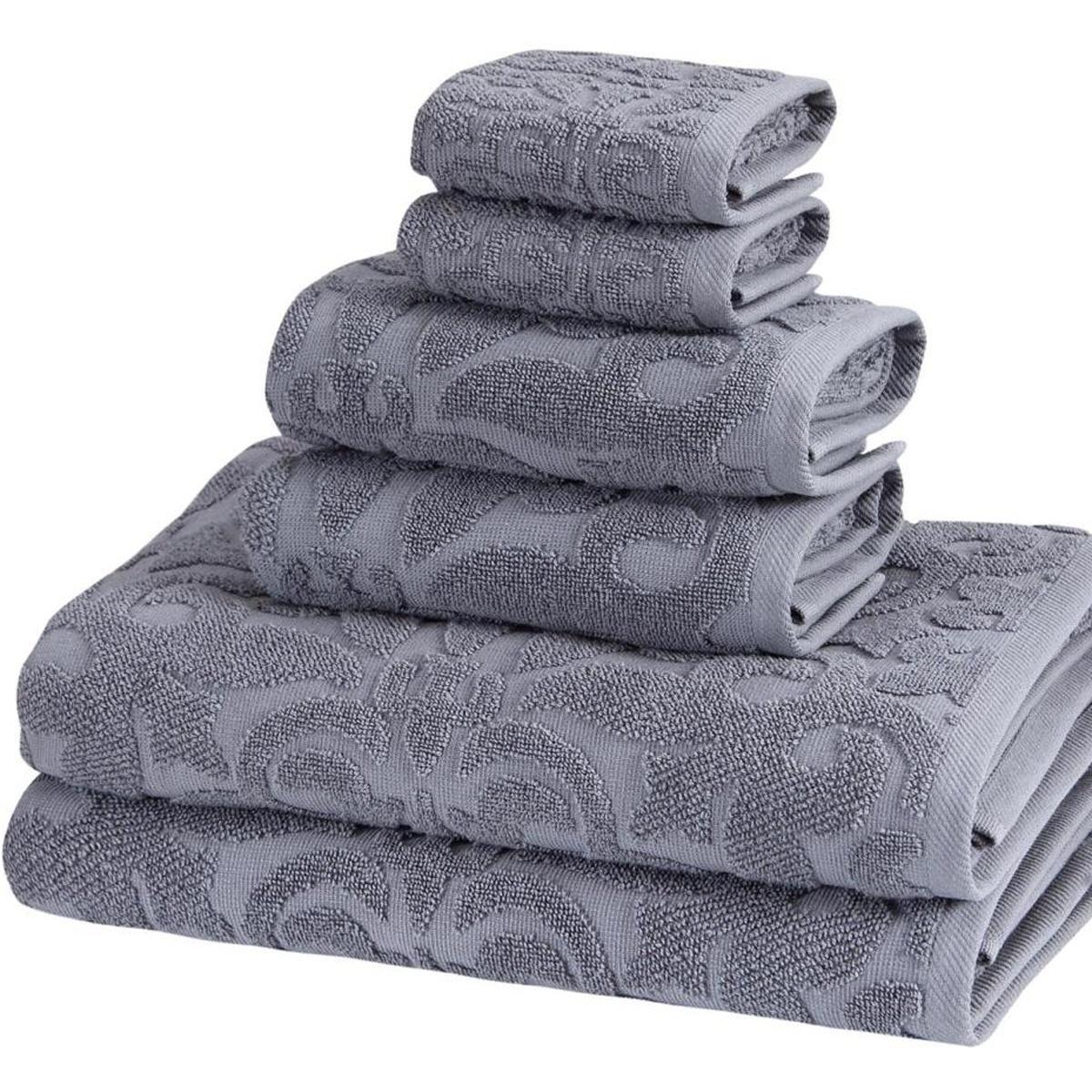 Set of Six Light Gray Floral Turkish Cotton Towel Set - HomeRoots - Flyclothing LLC