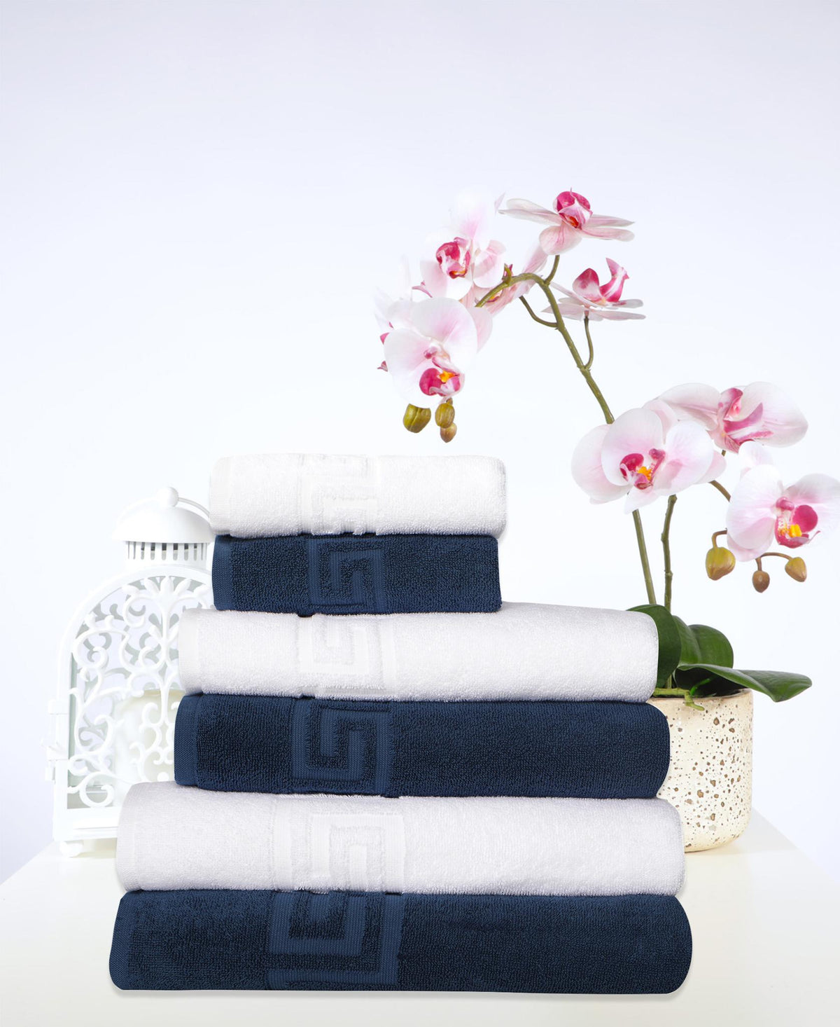 Set of Six White And Navy Blue Greek Key Turkish Cotton Towel Set - HomeRoots - Flyclothing LLC