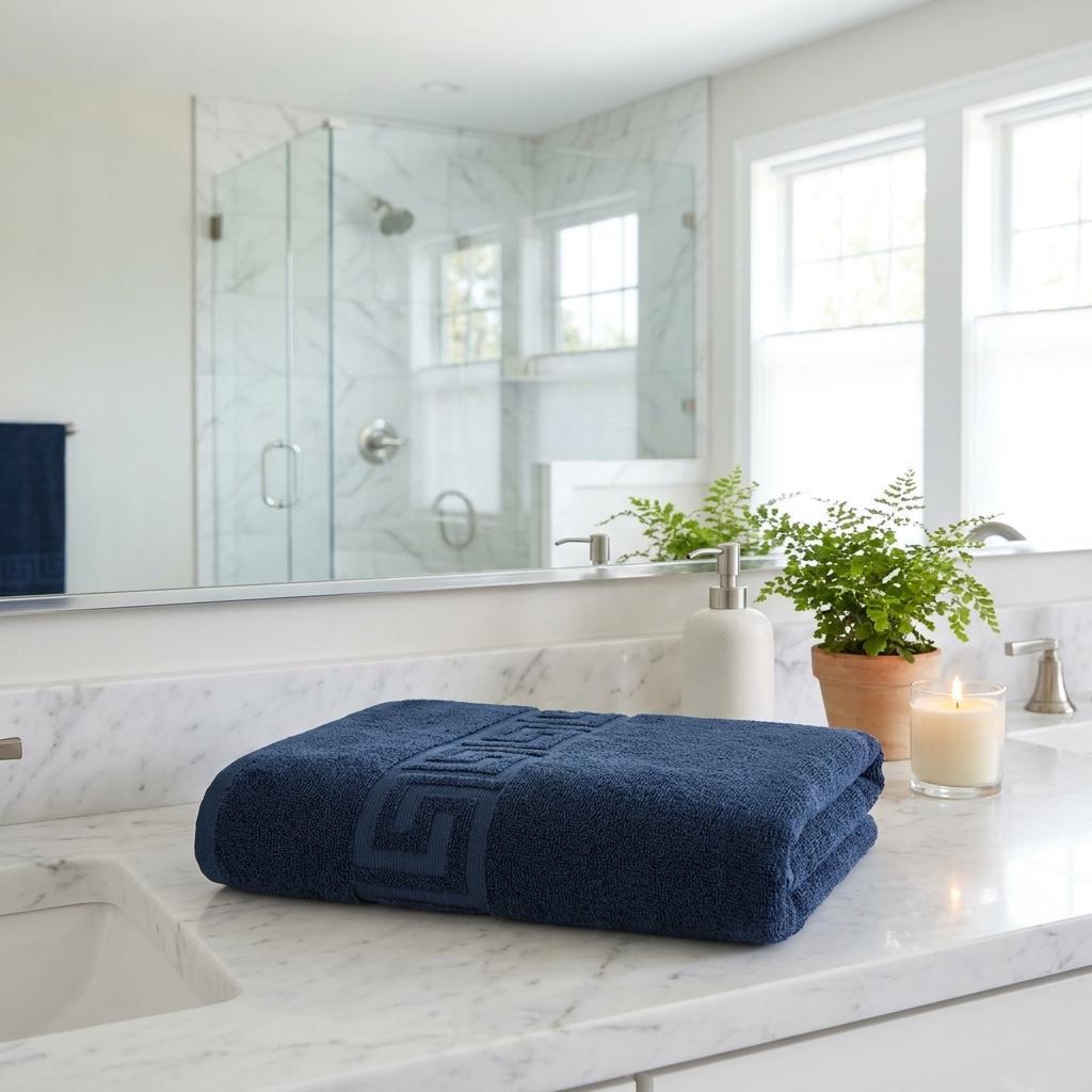Set of Six White And Navy Blue Greek Key Turkish Cotton Towel Set - HomeRoots - Flyclothing LLC