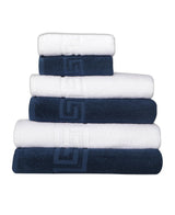 Set of Six White And Navy Blue Greek Key Turkish Cotton Towel Set - HomeRoots - Flyclothing LLC