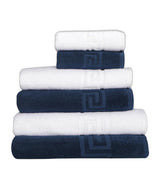 Set of Six White And Navy Blue Greek Key Turkish Cotton Towel Set - HomeRoots - Flyclothing LLC