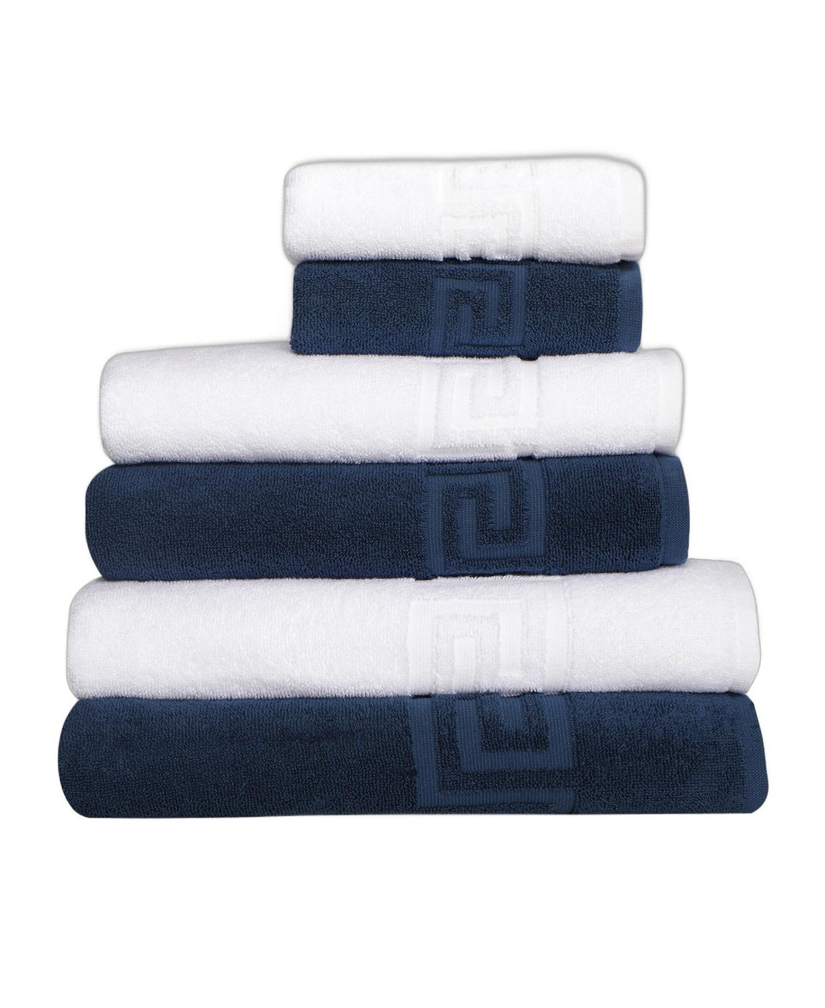 Set of Six White And Navy Blue Greek Key Turkish Cotton Towel Set - HomeRoots - Flyclothing LLC