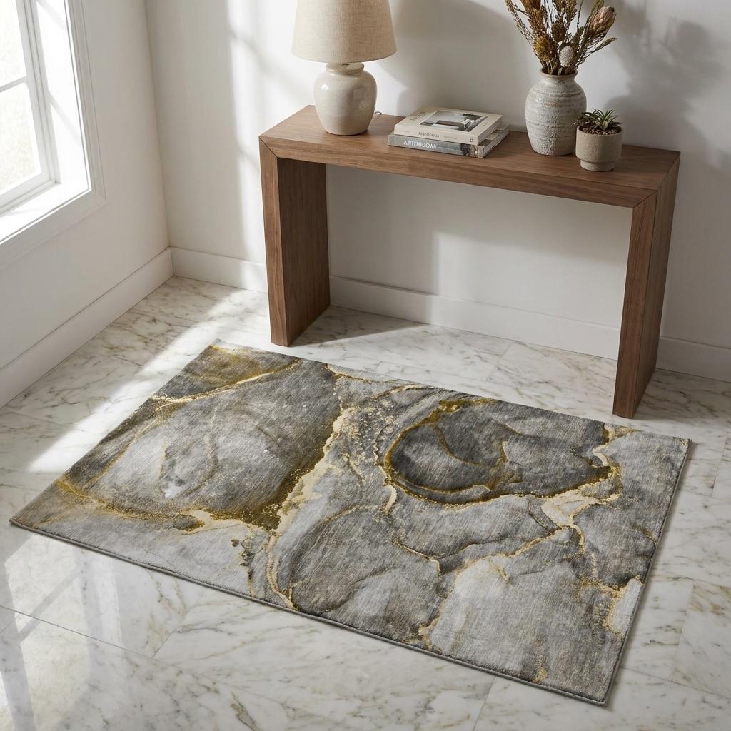 3' X 5' Gold And Gray Abstract Shag Washable Area Rug With UV Protection - HomeRoots - Flyclothing LLC