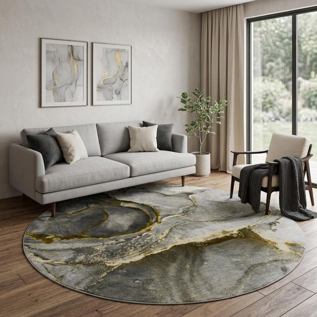 8' Gold And Gray Abstract Shag Washable Round Rug With UV Protection - HomeRoots - Flyclothing LLC
