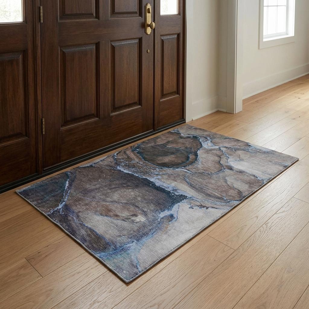 3' X 5' Navy Blue And Denim Blue Abstract Shag Washable Area Rug With UV Protection - HomeRoots - Flyclothing LLC