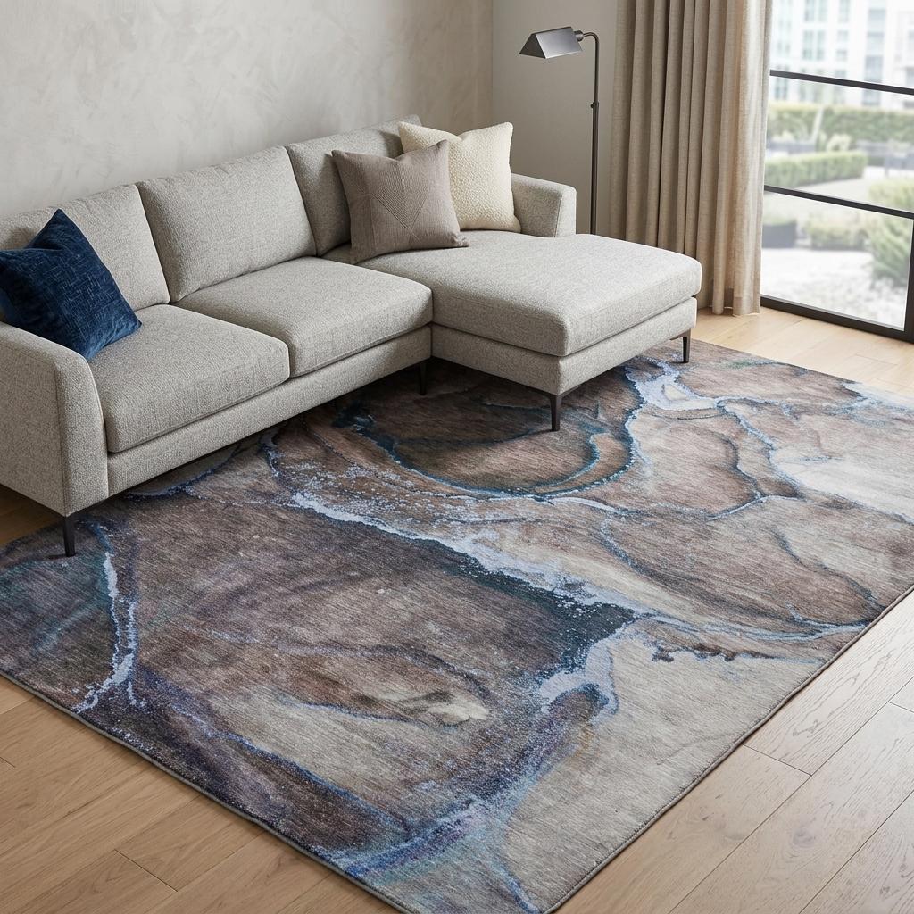 8' X 10' Navy Blue And Denim Blue Abstract Shag Washable Area Rug With UV Protection - HomeRoots - Flyclothing LLC