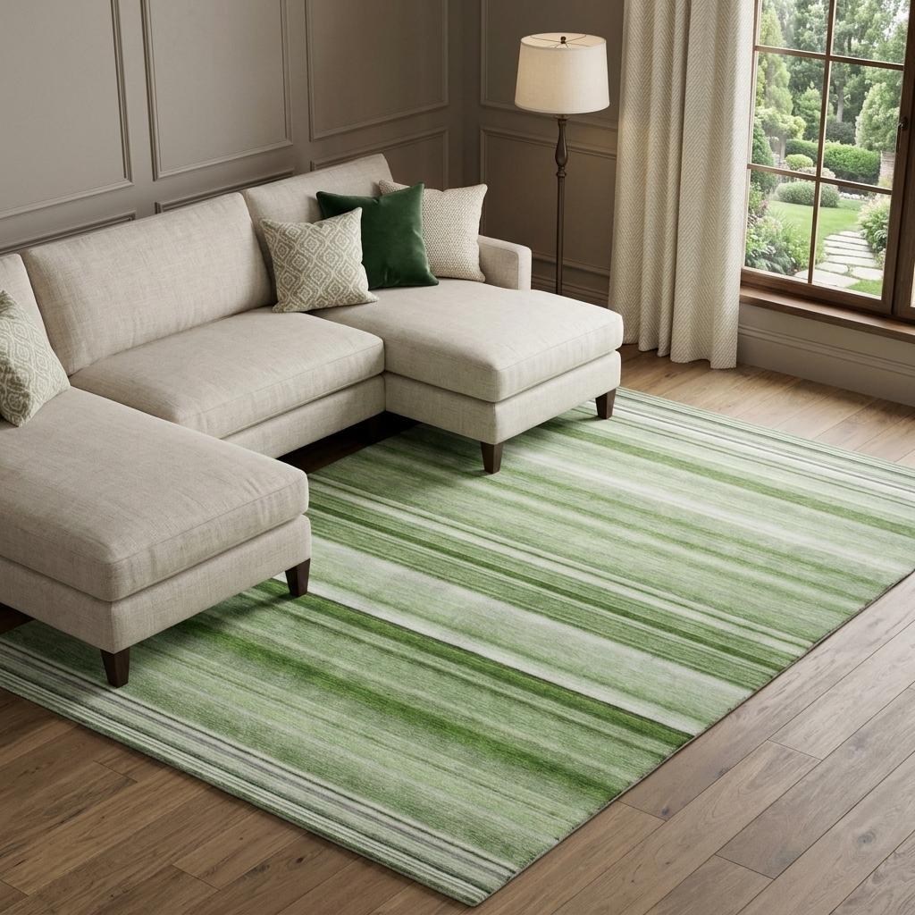 9' X 12' Green And Gray Striped Shag Washable Area Rug With UV Protection - HomeRoots - Flyclothing LLC