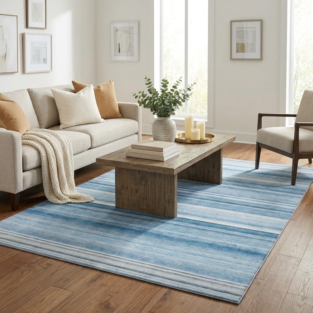 5' X 8' Blue And Gray Striped Shag Washable Area Rug With UV Protection - HomeRoots - Flyclothing LLC