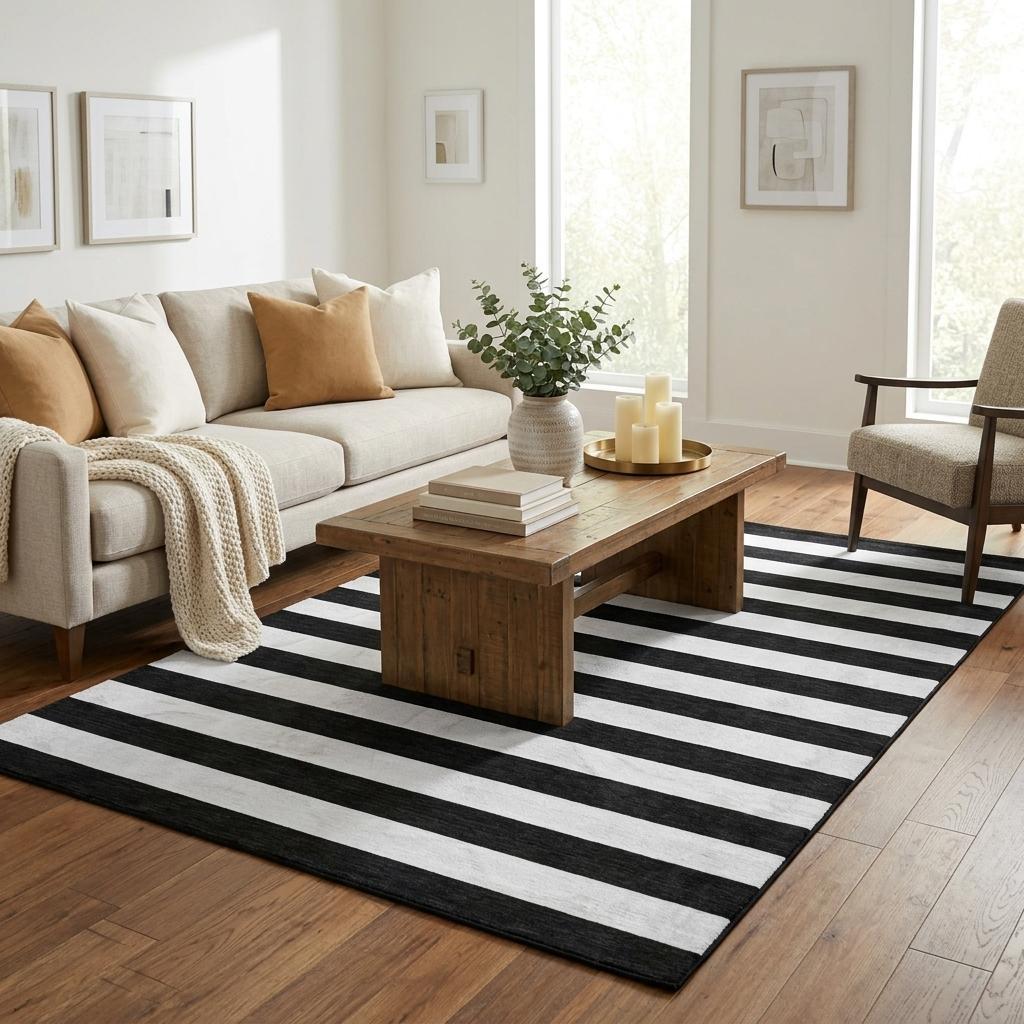 5' X 8' Black And Ivory Striped Shag Washable Area Rug With UV Protection - HomeRoots - Flyclothing LLC