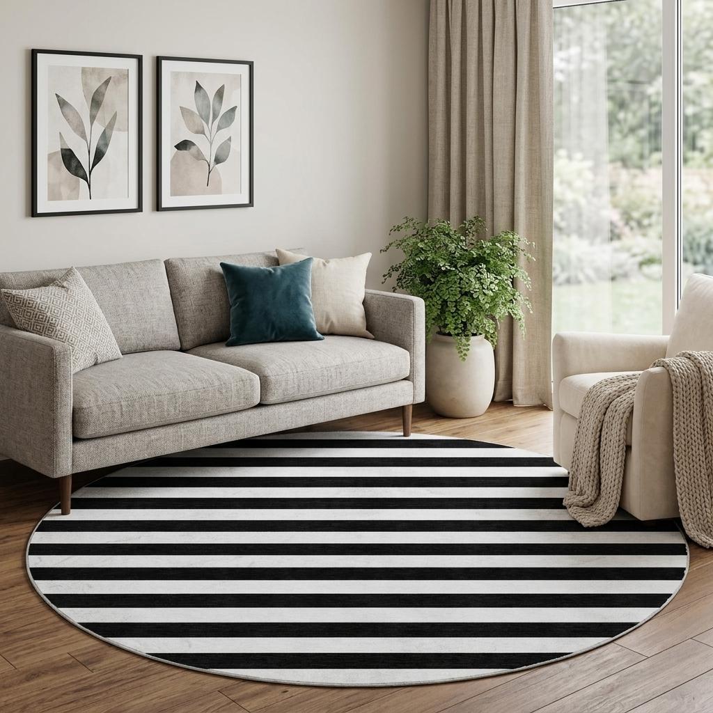 8' Black And Ivory Striped Shag Washable Round Rug With UV Protection - HomeRoots - Flyclothing LLC