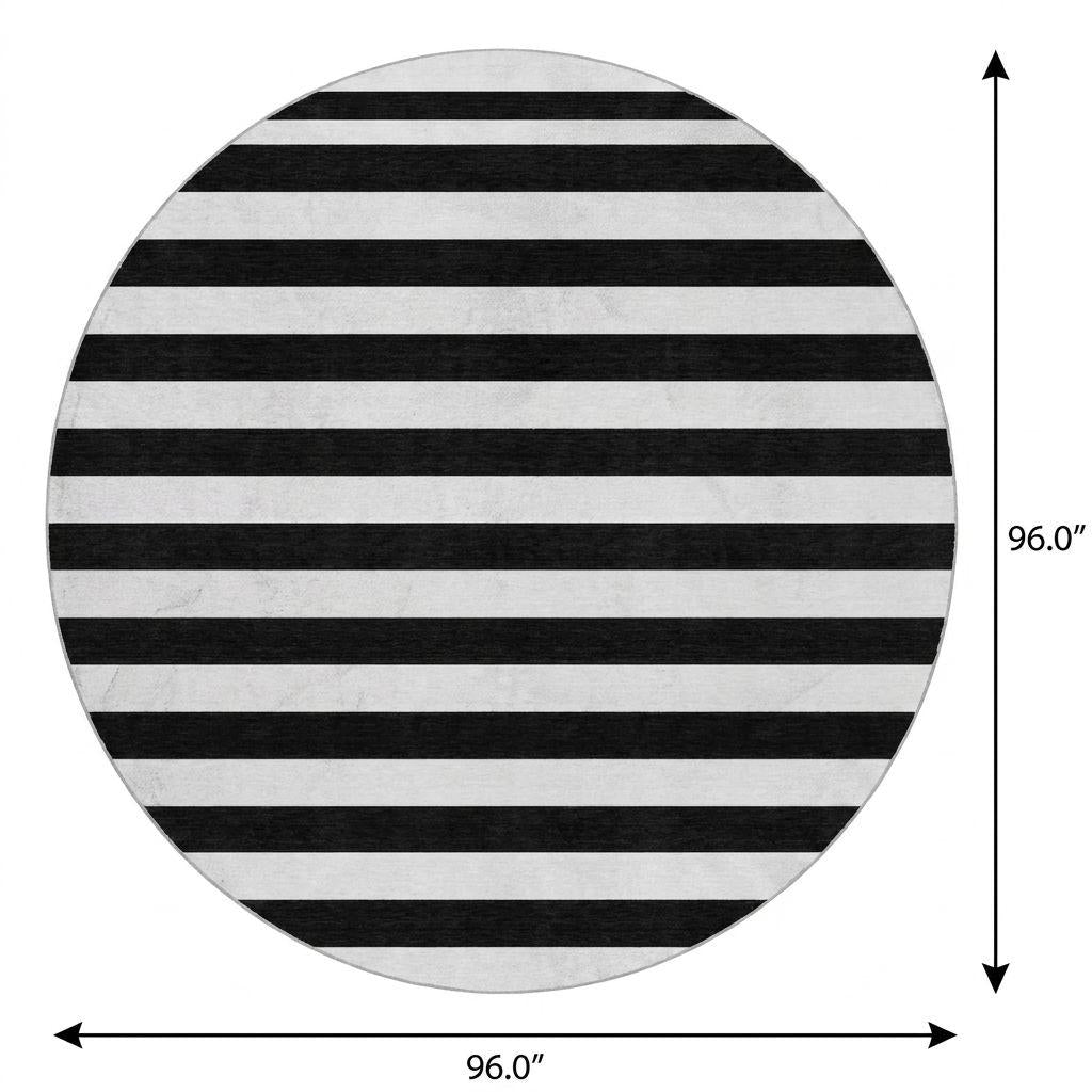 8' Black And Ivory Striped Shag Washable Round Rug With UV Protection - HomeRoots - Flyclothing LLC