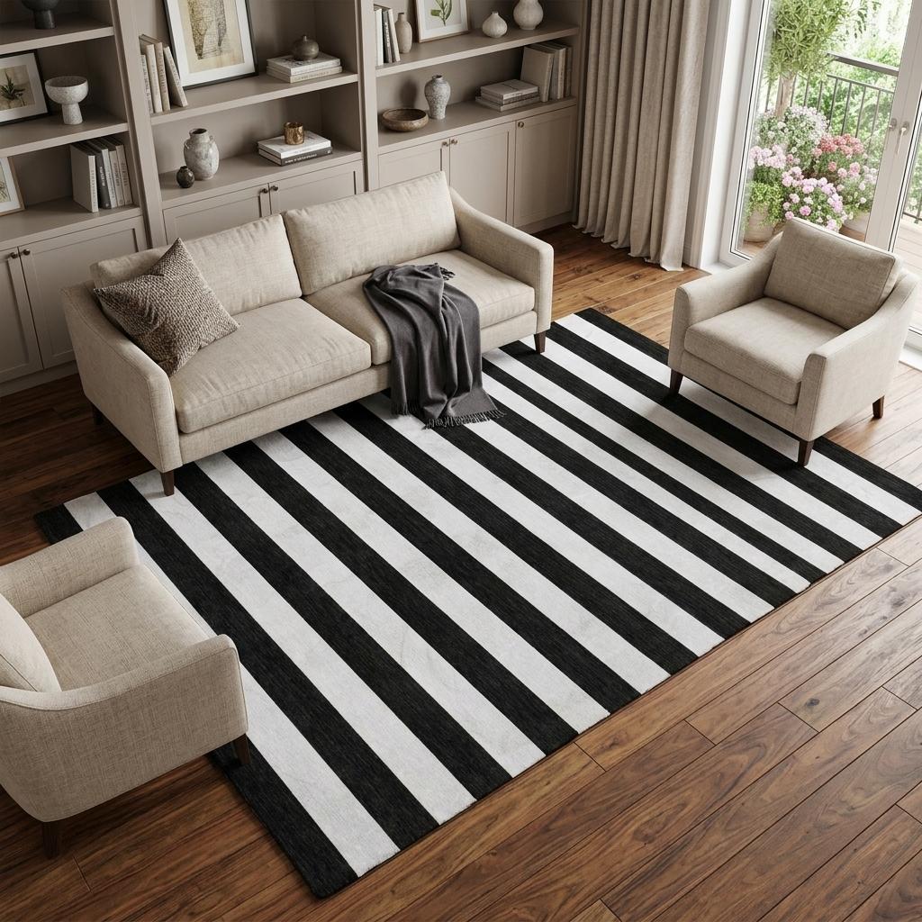 10' X 14' Black And Ivory Striped Shag Washable Area Rug With UV Protection - HomeRoots - Flyclothing LLC